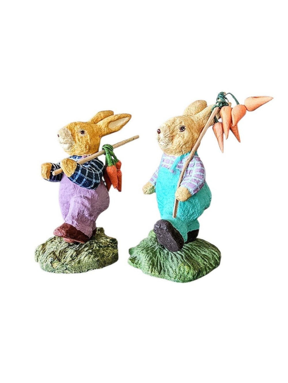 Paper Mache Hand Painted Easter Bunny Figurine Set With Carrots